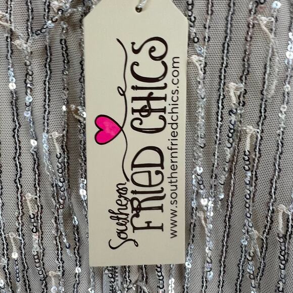 Southern Fried Chics Jacket 3XL Champagne Beige Mesh Sequin Fringe Boho Showgirl - Picture 12 of 16